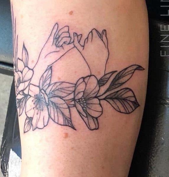 Floral pinky promise tattoos fine line ink  e1595404493302