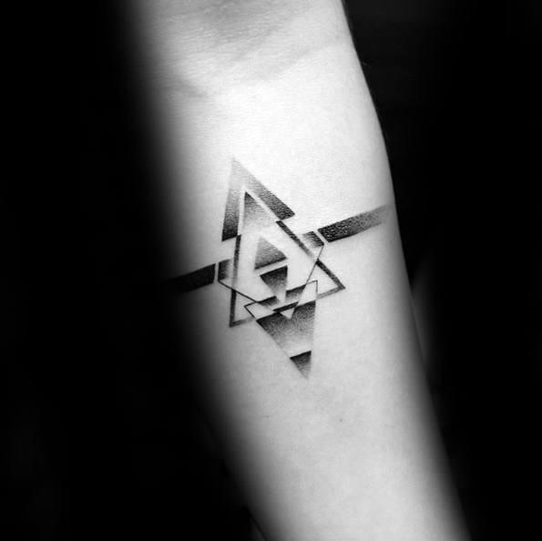 Forearm band dotwok shaded male tattoo with small geometric design