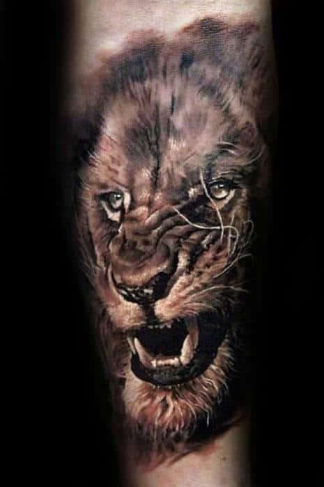Forearm masculine guys realistic lion tattoo ideas
