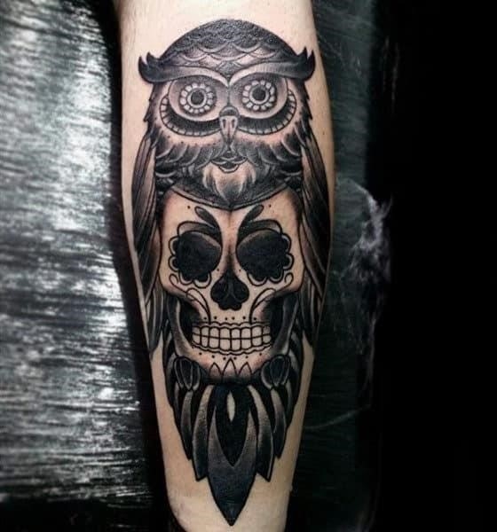 Forearm sugar skull owl tattoo for guys