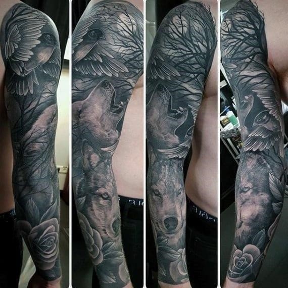Full arm sleeve animal themed male tattoos