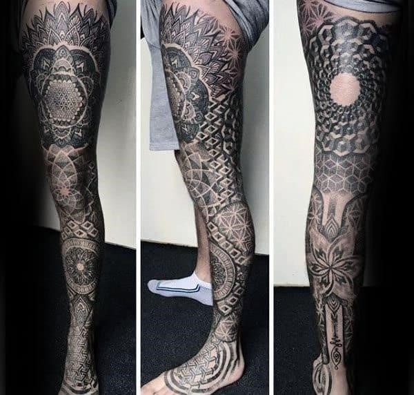 Full leg sleeve guys pointillism tattoo