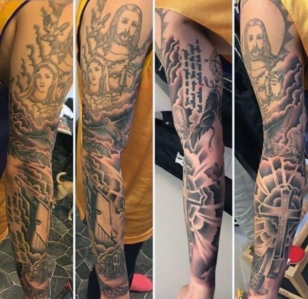 Full sleeve christian quote tattoo for men with cross