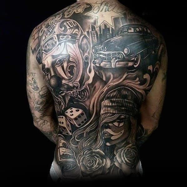 Gentleman with chicano themed full back tattoo design