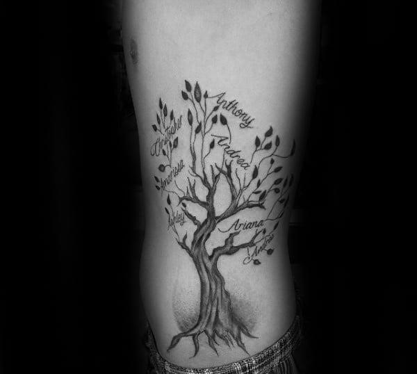 Gentleman with family tree rib cage side of body tattoo and names