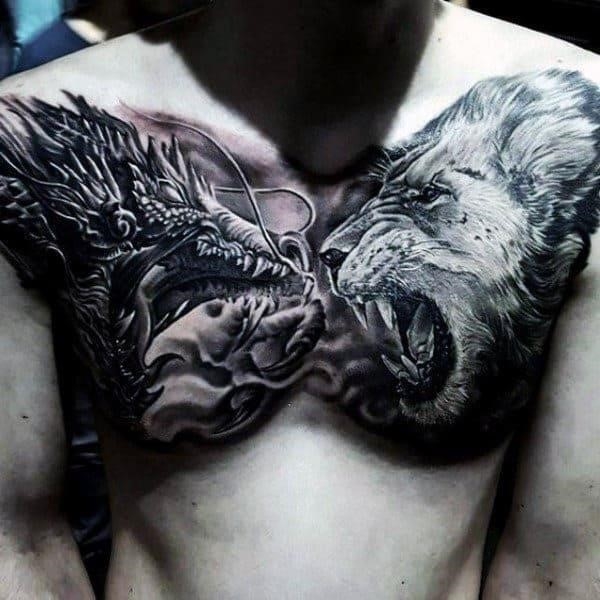 Gentleman with lion drgon chest tattoo