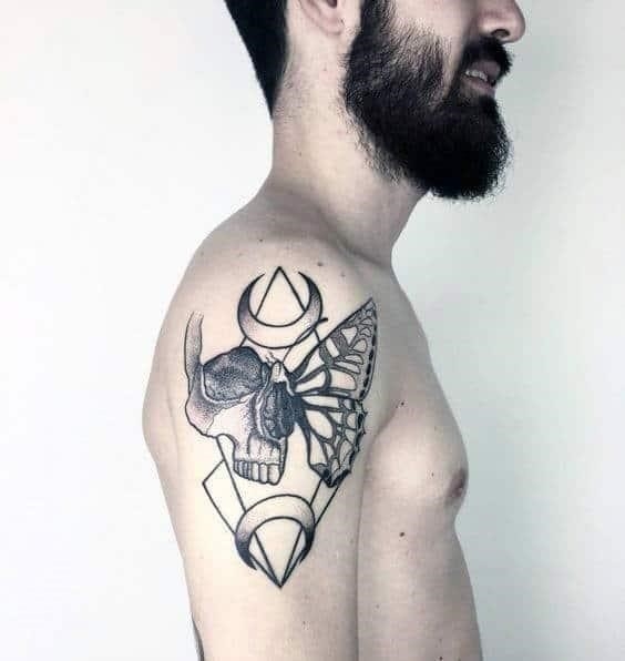 Geometric abstract butterfly skull mens life death upper arm tattoos