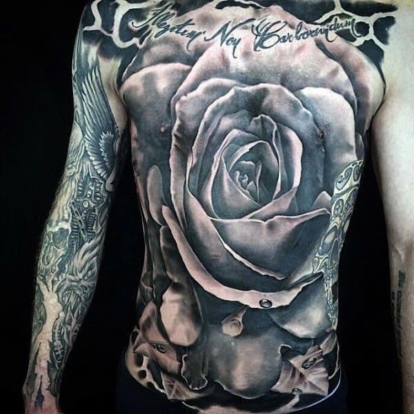 Giant 3d rose tattoos on stomach for men