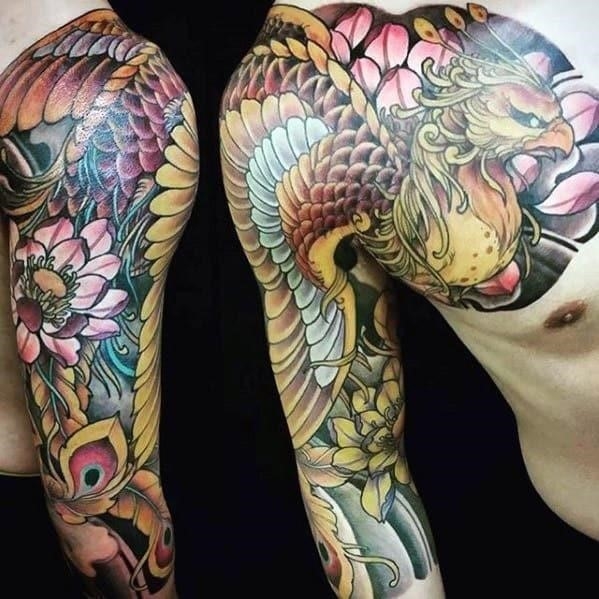 Gold phoenix mens japanese half sleeve and chest tattoo