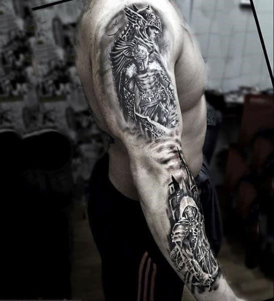 Graphical grey warrior tattoo males sleeves