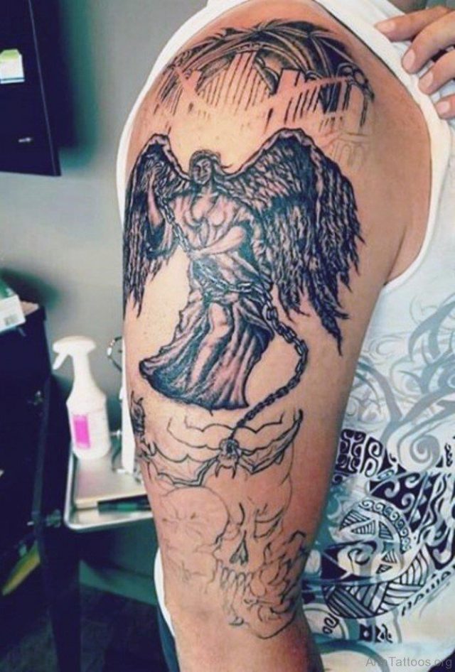 Guardian angel with chain tattoo for men
