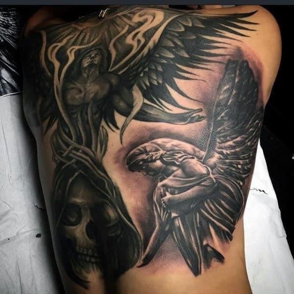 Guardian angels and hooded skull tattoo male back