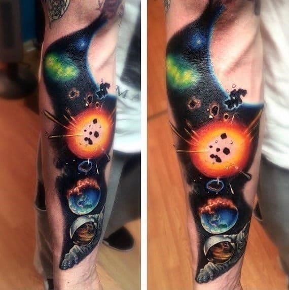 Guy with 3D explosion in space tattoo