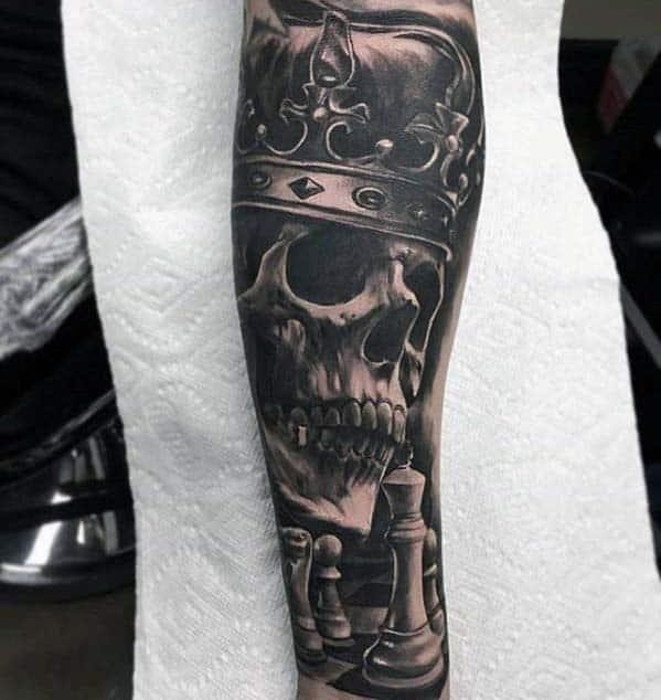 Guys badass skull with crown and chess peices mens 3d forearm tattoo
