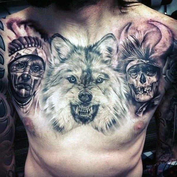 Guys chest native american and beast tattoo
