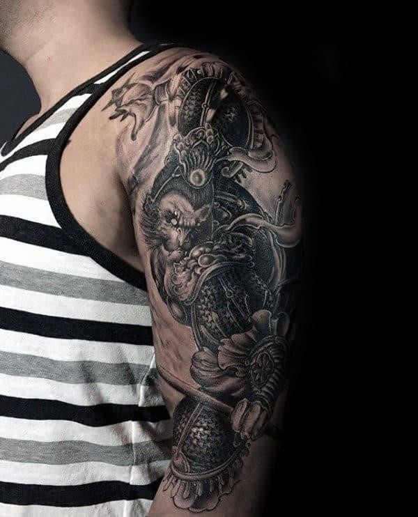 Guys chinese monkey king tattoo half sleeve design