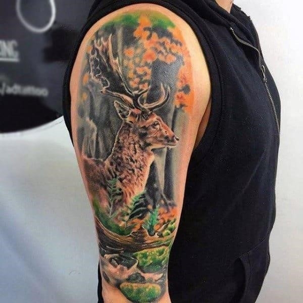 Guys deer in woods animal sleeve tattoos