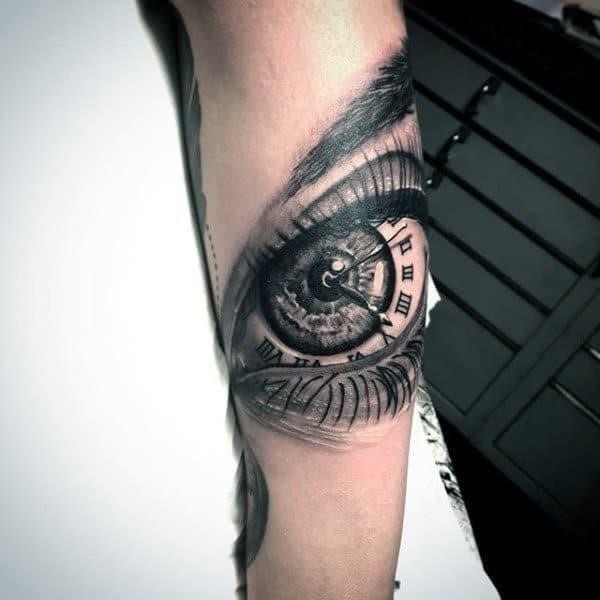 Guys forearm eye tattoo with roman numeral tattoo