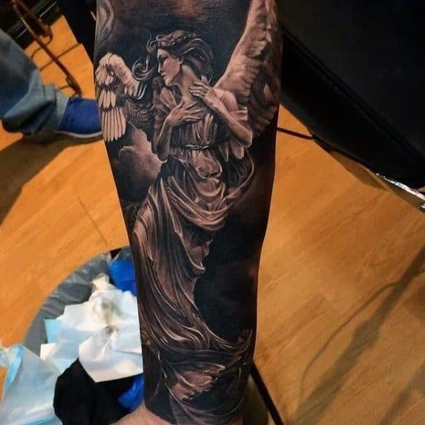 Guys forearms sick angel tattoo