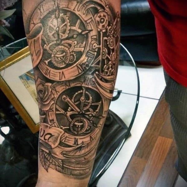 Guys forearms steampunk tattoo with clock
