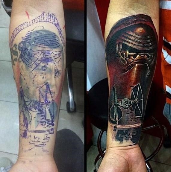 Guys star wars themed inner forearm tattoo cover up ideas