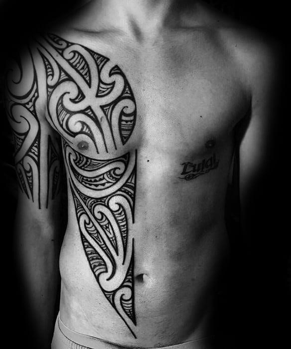 Half chest sick male tribal tattoo ideas