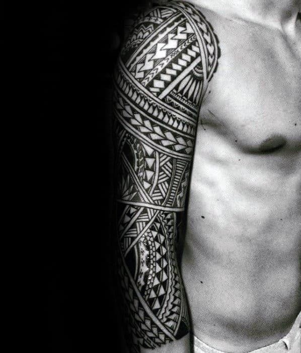 Half sleeve male detailed sick polynesian tribal tattoo