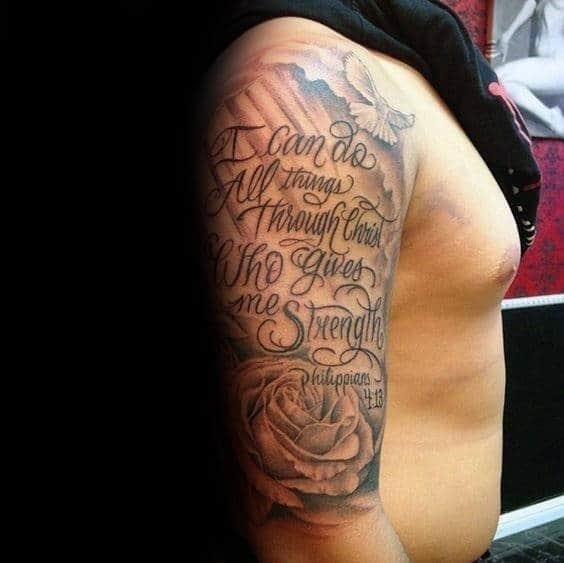 Half sleeve strength religious quote mens tattoo