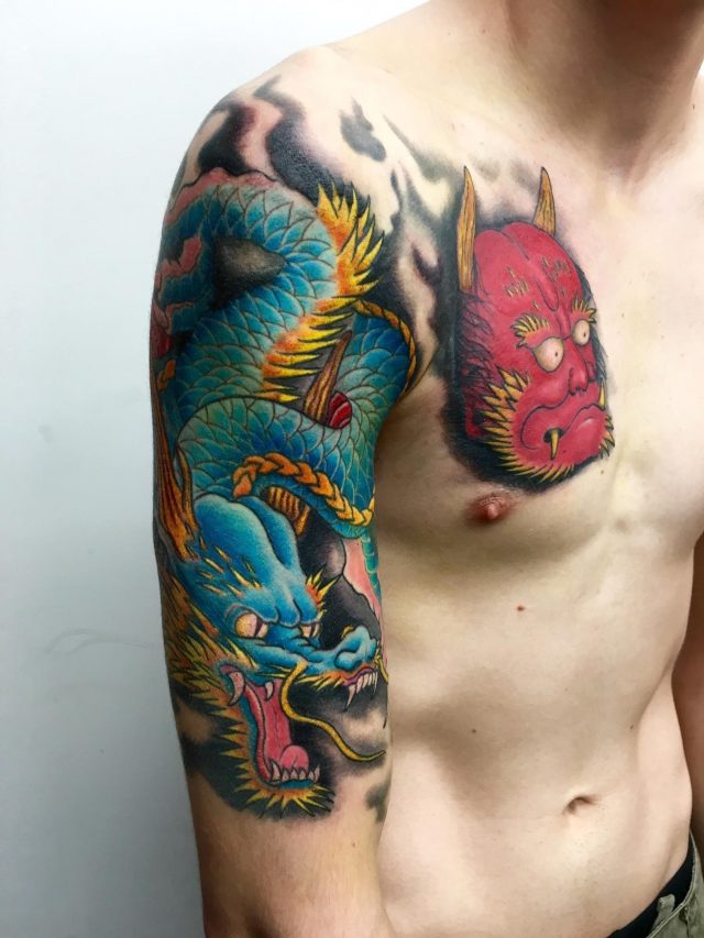 Hannya mask japanese dragon colour chest sleeve tattoo