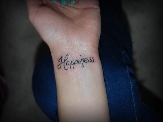 Happiness word wrist tattoo