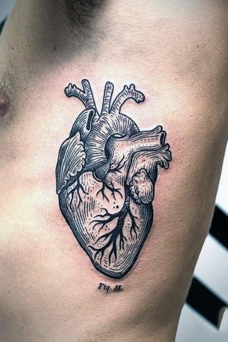 Heart tattoo on mans side with anatomical lable