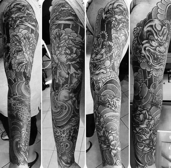 Heavily shaded male koi dragon full leg tattoo inspiration