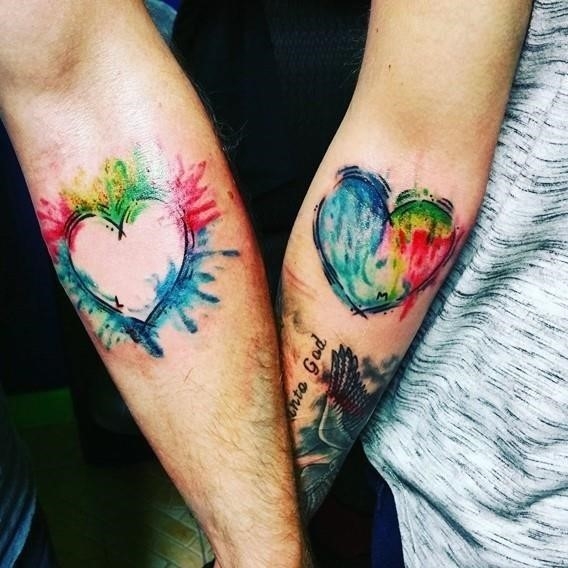 His and her matching love watercolor tattoos