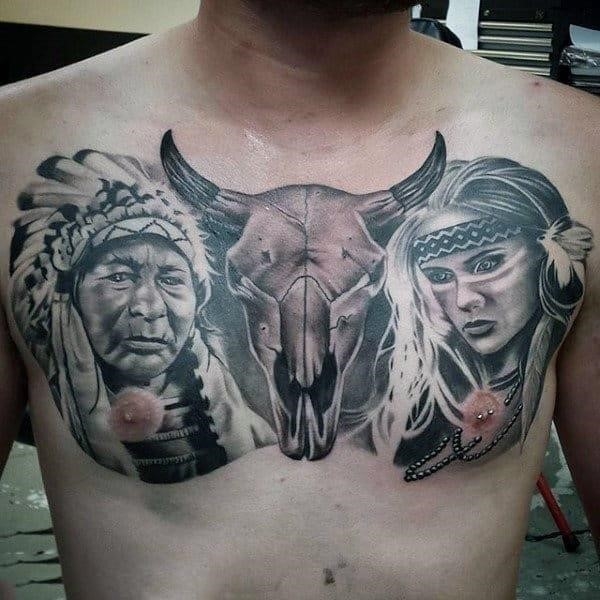 Horned beast and native amercians tattoo guys chest