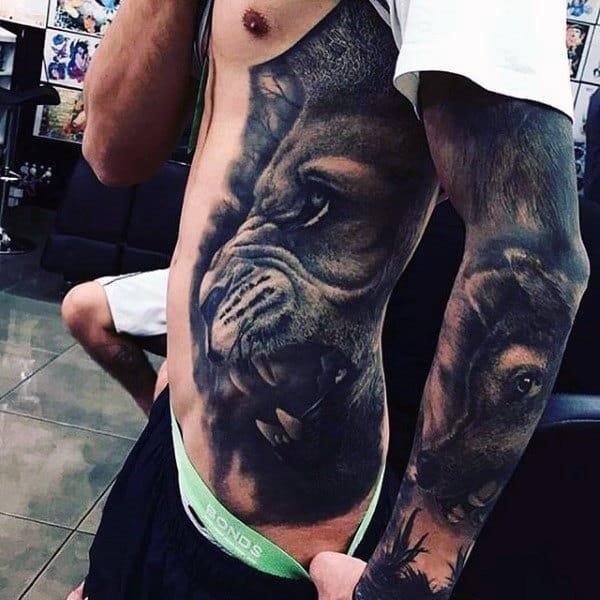 Incredible realistic lion mens tattoos on stomach