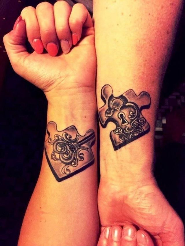 Jigsaw puzzle pieces lock key wrist tattoos cute matching tattoos