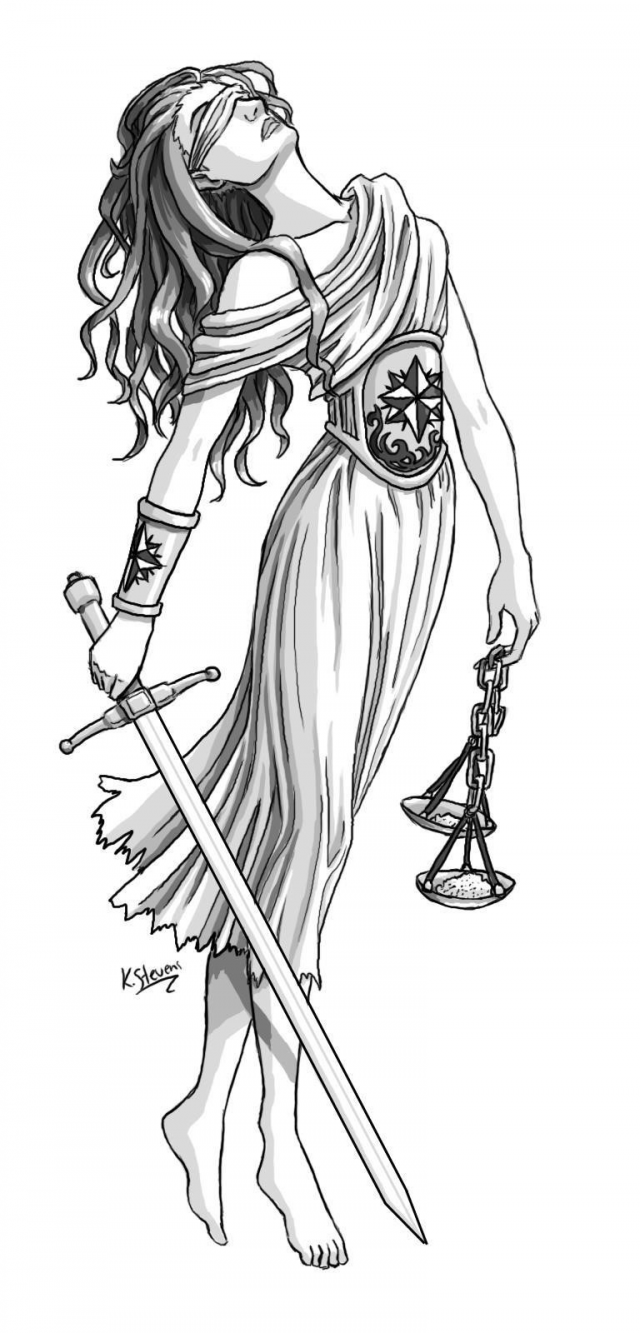 Justice girl with dagger and balance tattoo design