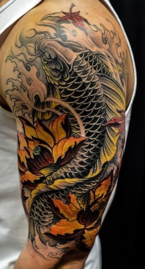 Koi tattoo with colorful flower