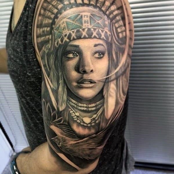 Large blue eyed native american girl tattoo mens arms
