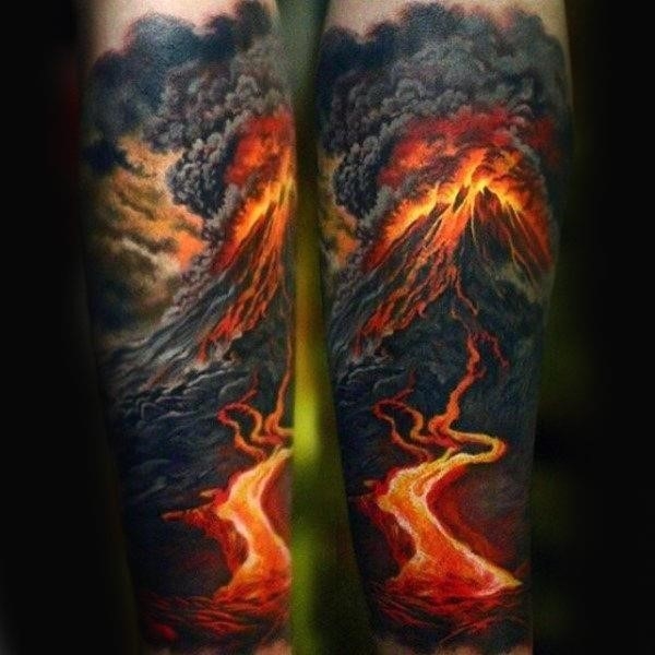 Lava fire volcano mens sleeve tattoo with realistic design