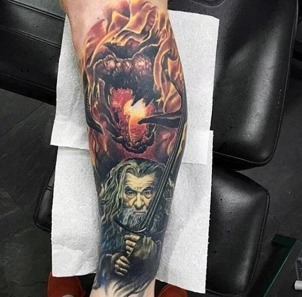 Leg sleeve tattoo lord of the rings themed mens design