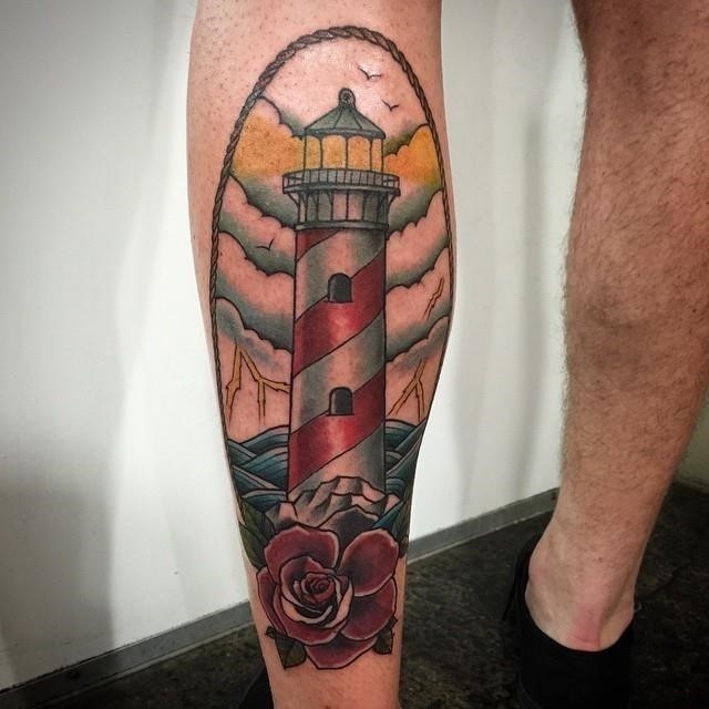 Lighthouse leg tattoo for men