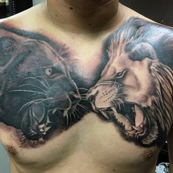 Lion and jaguar big cat guys chest tattoos