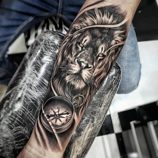 Lion compass tattoo art