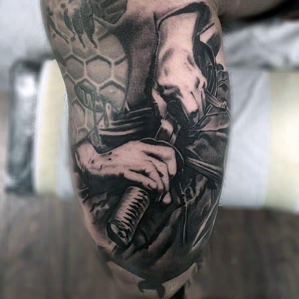 Male forearms sick grey tattoo