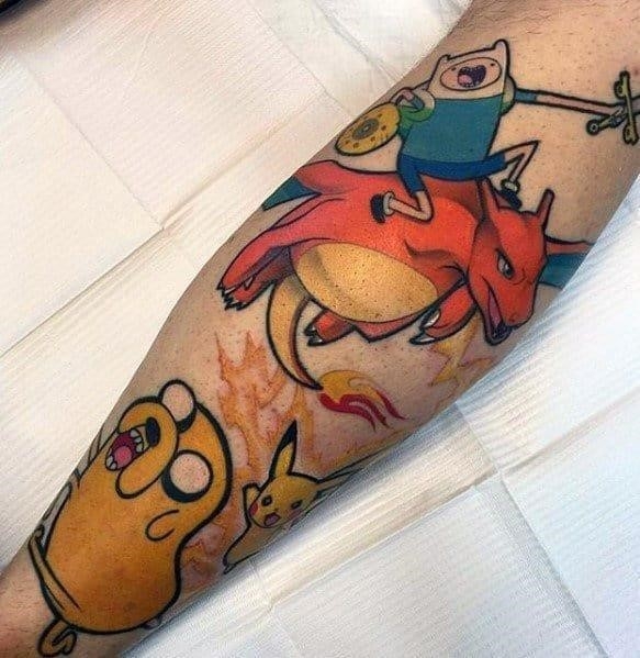 Male leg tattoo with adventure time design