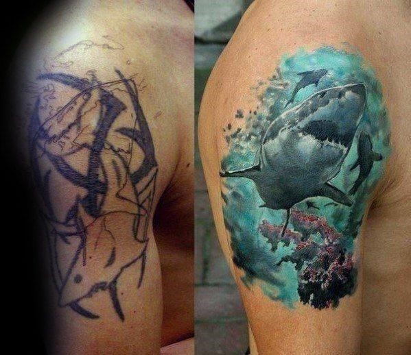 Male with amazing cover up 3d shark ocean arm tattoo