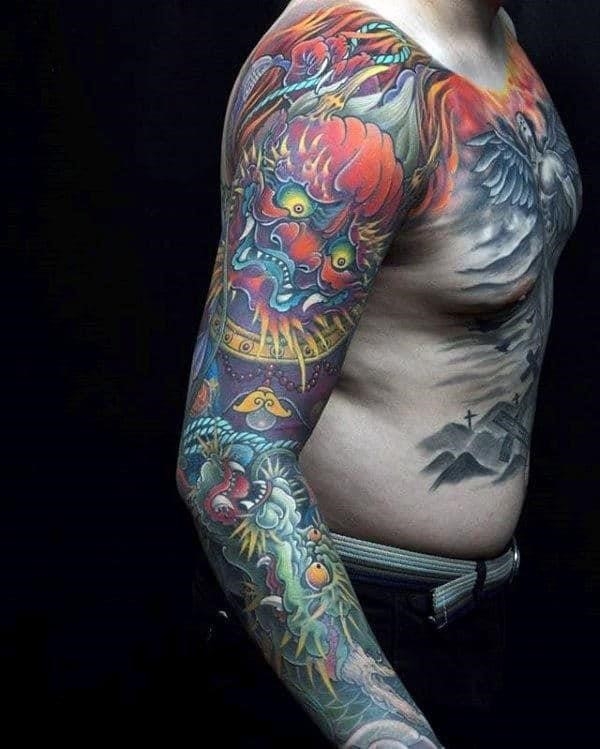 Manly chinese full sleeve tattoo on gentleman