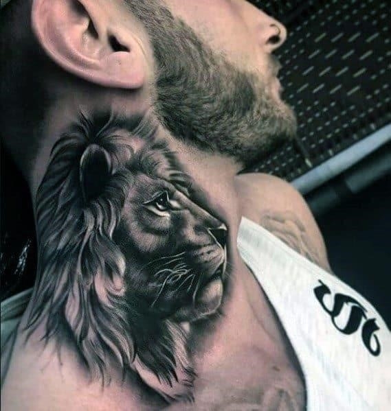Masculine lion neck tattoos for men