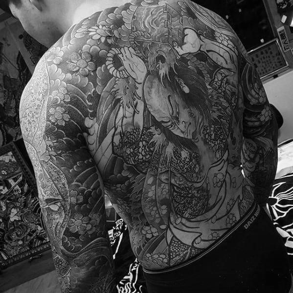 Masculine shaded japanese full back tattoos for guys